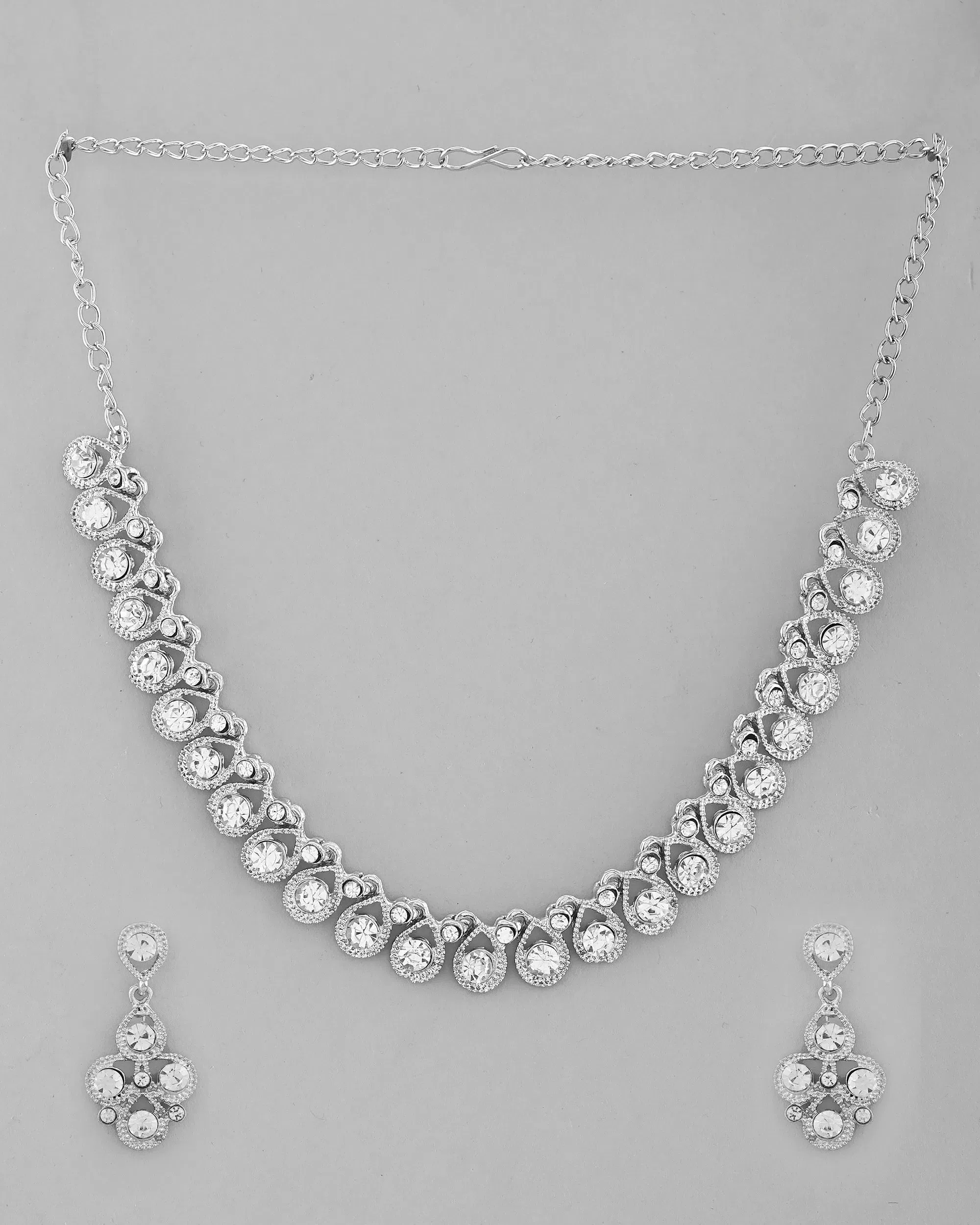 AD Stone Studded Silver Plated Necklace and Earrings Set-VOJ292