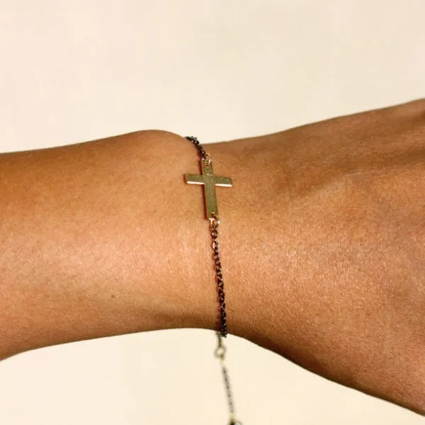 Agape Bracelet - 18k Horizontal Gold Cross Charm & Fresh Water Pearl Bracelet