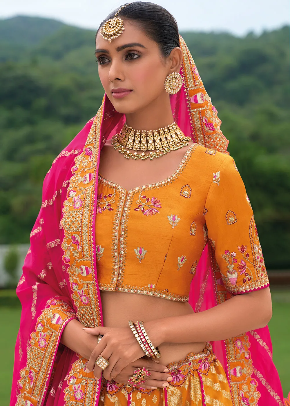 Bridal Orange Pink Heavy Embroidered Designer Lehenga Choli