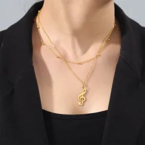 Lemegeton Stainless Steel Musical Note Pendant Necklace Double Layered Beads Chain Women Punk Hip Hop Jewelry Gifts